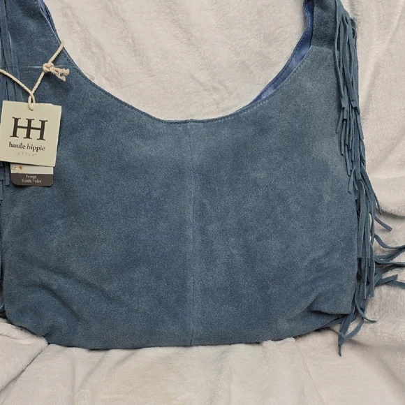 Haute Hippie Blue Fringe Suede Hobo Bag - Picture 2 of 6